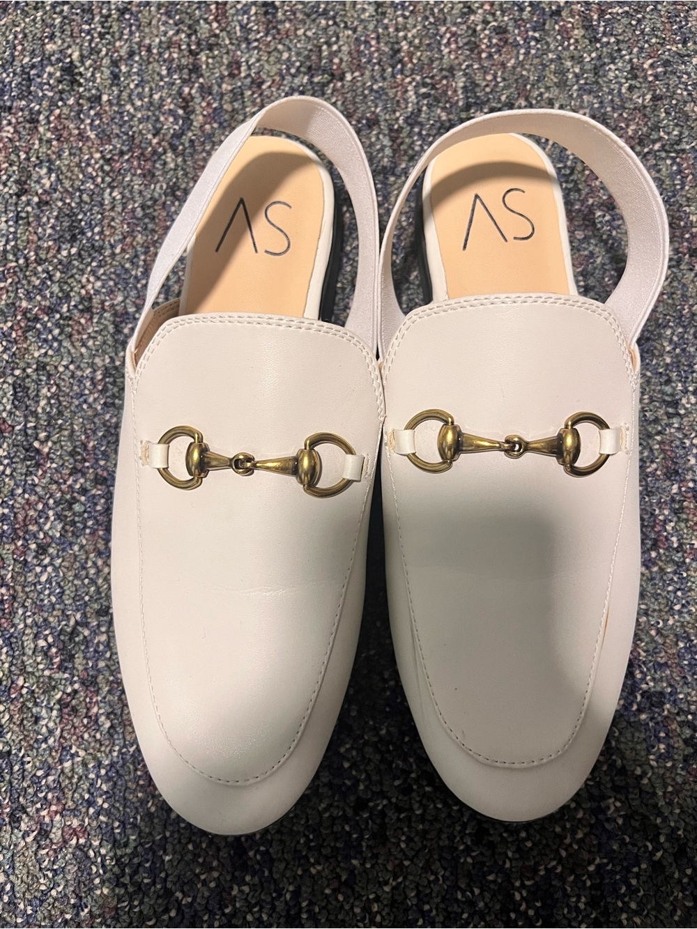 AS White Leather Slingback Loafers with Gold Horsebit
